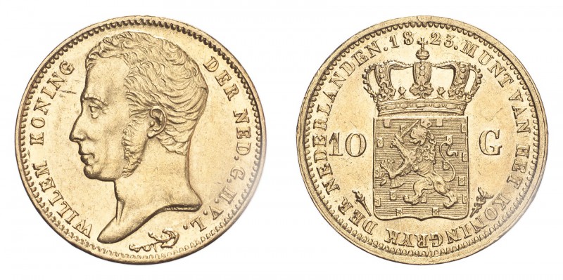NETHERLANDS. Willem I, 1815-40. Gold 10 Gulden 1823-U, 6.73 g. Sch-178; Fr-327. ...