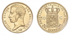 NETHERLANDS. Willem I, 1815-40. Gold 10 Gulden 1823-U, 6.73 g. Sch-178; Fr-327. UNC.