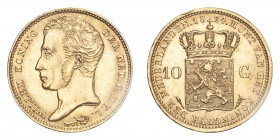 NETHERLANDS. Willem I, 1815-40. Gold 10 Gulden 1824-U, Utrecht. 6.73 g. KM-56; Fr-327; Sch-179. UNC.