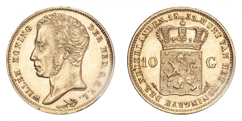 NETHERLANDS. Willem I, 1815-40. Gold 10 Gulden 1832, 6.73 g. Sch-185; Fr-327. UN...