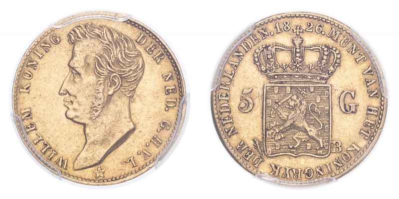 NETHERLANDS. Willem I, 1815-40. Gold 5 Gulden 1826-B, Brussels. 3.37 g. KM-60; F...