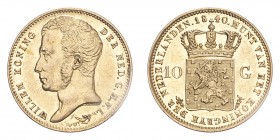 NETHERLANDS. Willem II, 1840-49. Gold 10 Gulden 1840, 6.73 g. Sch-189; Fr-327. UNC.