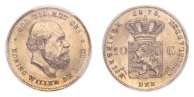 NETHERLANDS. Willem III, 1849-90. Gold 10 Gulden 1875, 6.73 g. KM-106; Fr-342. In US plastic holder, graded PCGS MS65, certification number 84644713.