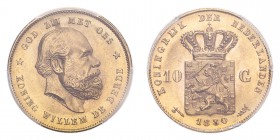 NETHERLANDS. Willem III, 1849-90. Gold 10 Gulden 1880, 6.73 g. KM-106; Fr-342. In US plastic holder, graded PCGS MS66, certification number 84644714.