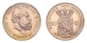 NETHERLANDS. Willem III, 1849-90. Gold 10 Gulden 1887, 6.73 g. Sch-549; Fr-342. In US plastic holder, graded PCGS MS66, certification number 84644717.