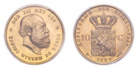 NETHERLANDS. Willem III, 1849-90. Gold 10 Gulden 1889, 6.73 g. Sch-558; Fr-342. In US plastic holder, graded PCGS MS66, certification number 84644718.
