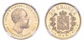 NORWAY. Oscar II, 1872-1905. Gold 20 Kroner 1886, Kongsberg. 8.96 g. Calendar year mintage 101,000. KM-355. In US plastic holder, graded NGC MS62, cer...
