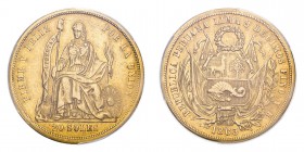 PERU. Republic, 1821-. Gold 20 Soles 1863-YB, 32.26 g. KM-194; Fr-70. In US plastic holder, graded PCGS XF45, certification number 84644710.