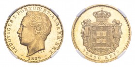 PORTUGAL. Louis I, 1861-89. Gold 10,000 Reis 1879, Lisbon. 17.7 g. Gomes 17.02, KM-520, Fr-152. In US plastic holder, graded NGC MS63, certification n...