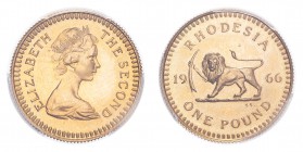 RHODESIA. Elizabeth II, 1965-79. Gold Pound 1966, Proof. 7.99 g. Calendar year mintage 5,000. KM-6; Fr-2. In US plastic holder, graded PCGS PR66, cert...