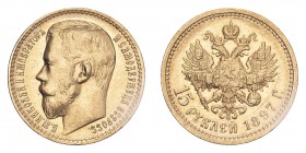 RUSSIA. Nicholas II, 1897-1917. Gold 15 Roubles 1897, 12.9 g. KM-Y65.1; Fr-178; Bit-17. UNC