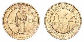 SAN MARINO. Republic, 1600-. Gold 20 Lire 1925-R, 6.45 g. KM-8; Fr-1; Pag-341; Mont-14. UNC, scratch.