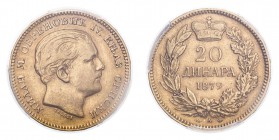 SERBIA. Milan I, 1868-89. Gold 20 Dinara 1879, 6.45 g. KM-14; Fr-3. In US plastic holder, graded PCGS AU53, certification number 35718926.