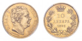 SERBIA. Milan I, 1868-89. Gold 10 Dinara 1882-V, 6.45 g. KM-16; Fr-5. In US plastic holder, graded PCGS AU58, certification number 83867028.