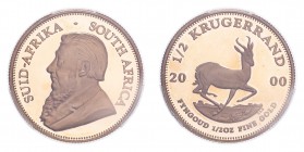 SOUTH AFRICA. Republic, 1961-. Gold Half Krugerrand 2000, Pretoria. 16.97 g. Calendar year mintage 3,453. KM-107. In US plastic holder, graded PCGS PR...