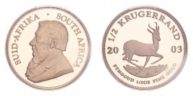 SOUTH AFRICA. Republic, 1961-. Gold Half Krugerrand 2003, Pretoria. 16.97 g. Calendar year mintage 1,285. KM-107. In US plastic holder, graded PCGS PR...