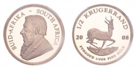 SOUTH AFRICA. Republic, 1961-. Gold Half Krugerrand 2008, Pretoria. 16.97 g. Calendar year mintage 1,822. KM-107. In US plastic holder, graded PCGS PR...