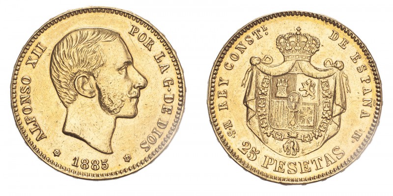 SPAIN. Alfonso XII, 1874-85. Gold 25 Pesetas 1885 (18·85) MS-M, Madrid. 8.11 g. ...