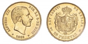 SPAIN. Alfonso XII, 1874-85. Gold 25 Pesetas 1885 (18·85) MS-M, Madrid. 8.11 g. KM-687; Cal-13. VF, harshly cleaned.