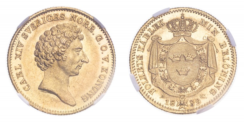 SWEDEN. Carl XIV Johan, 1818-44. Gold Ducat 1839, Stockholm. 3.48 g. Ahlstrom 34...