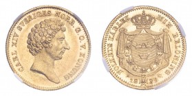 SWEDEN. Carl XIV Johan, 1818-44. Gold Ducat 1839, Stockholm. 3.48 g. Ahlstrom 34; Fr-87. In US plastic holder, graded NGC MS64, certification number 4...