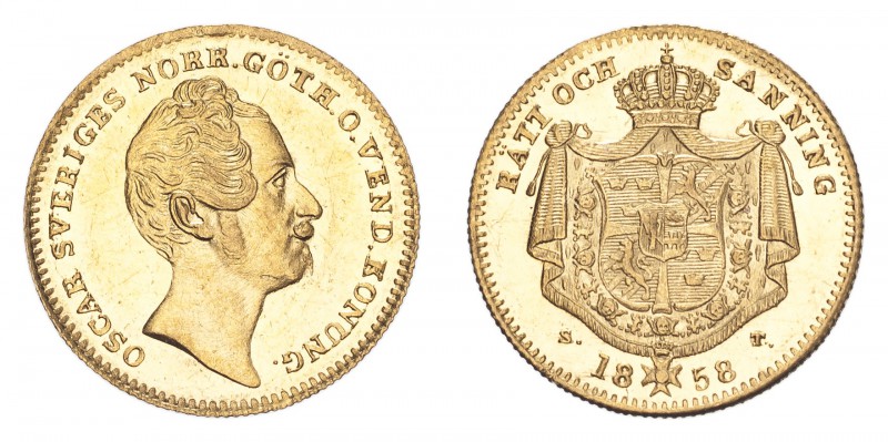 SWEDEN. Oscar I, 1844-59. Gold Ducat 1858, Stockholm. 3.49 g. Ahlstrom 22a. Very...