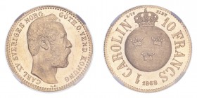 SWEDEN. Karl XV, 1859-72. Gold Carolin 1868, Stockholm. 6.45 g. KM-716; Fr-92; SM-10. In US plastic holder, graded NGC MS63, certification number 4829...