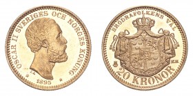 SWEDEN. Oscar II, 1872-1907. Gold 20 Kronor 1895, Stockholm. 8.96 g. Calendar year mintage 134,600. KM-748. UNC.