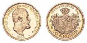 SWEDEN. Oscar II, 1872-1907. Gold 20 Kronor 1900, Stockholm. 8.96 g. Calendar year mintage 104,199. KM-765. UNC.