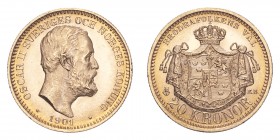 SWEDEN. Oscar II, 1872-1907. Gold 20 Kronor 1901, Stockholm. 8.96 g. Calendar year mintage 226,679. KM-765. UNC.