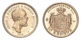 SWEDEN. Oscar II, 1872-1907. Gold 10 Kronor 1874, Stockholm. 4.48 g. Calendar year mintage 461,000. KM-732. UNC.