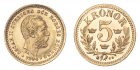 SWEDEN. Oscar II, 1872-1907. Gold 5 Kronor 1894, Stockholm. 2.24 g. Calendar year mintage 51,000. KM-756. UNC.