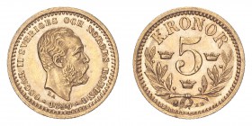 SWEDEN. Oscar II, 1872-1907. Gold 5 Kronor 1899, Stockholm. 2.24 g. Calendar year mintage 104,000. KM-756. AUNC.