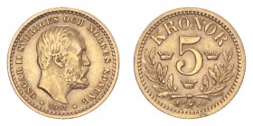 SWEDEN. Oscar II, 1872-1907. Gold 5 Kronor 1901, Stockholm. 2.24 g. Calendar year mintage 109,186. KM-766. EF.