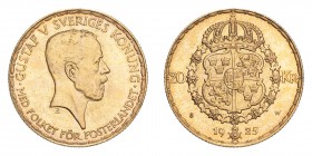 SWEDEN. Gustav V, 1907-50. Gold 20 Kronor 1925, Stockholm. 8.96 g. Ahlstrom 1; Fb. 96. Choice UNC.