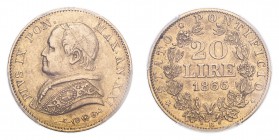 VATICAN. Pius IX, 1846-78. Gold 20 Lire 1866 - XXI, 6.45 g. Fr-280. In US plastic holder, graded PCGS XF45, certification number 84644412.