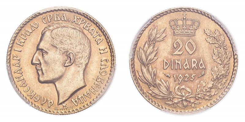 YUGOSLAVIA. Alexander I, 1921-34. Gold 20 Dinara 1925, 6.45 g. KM-7; Fr-3. In US...