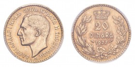 YUGOSLAVIA. Alexander I, 1921-34. Gold 20 Dinara 1925, 6.45 g. KM-7; Fr-3. In US plastic holder, graded PCGS AU58, certification number 83866939.