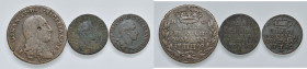 Reali Presidi di Toscana. Lotto di tre monete. Ferdinando IV di Borbone (1759-1816). Da 4 quattrini 1798 AE. MIR 353/4. Quattrino 1782 AE (2). MIR 354...