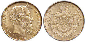 Belgio. Leopoldo II (1865-1909). Da 20 franchi 1878 Bruxelles AV. Varesi 235. Friedberg 412. In slab SEGS MS 65 cert. n. 5122471210111766083. FDC