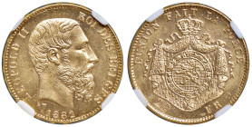 Belgio. Leopoldo II (1865-1909). Da 20 franchi 1882 Bruxelles AV. Varesi 236. Friedberg 412. In slab Classical Coin Grading MS 63 prooflike, cert. n. ...
