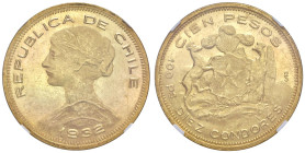 Cile. Repubblica (1818-). Da 100 pesos o 10 condores 1932 (Santiago). Frieberg 54a. In slab NGC MS 61 cert. n. 6633421-003. Migliore di SPL