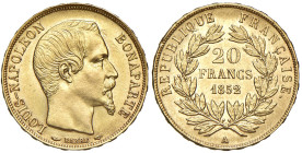 Francia. Napoleone III (1852-1870). Da 20 franchi 1852 A – Parigi AV. Varesi 449. Le Franc F530/1. Friedberg 568. FDC