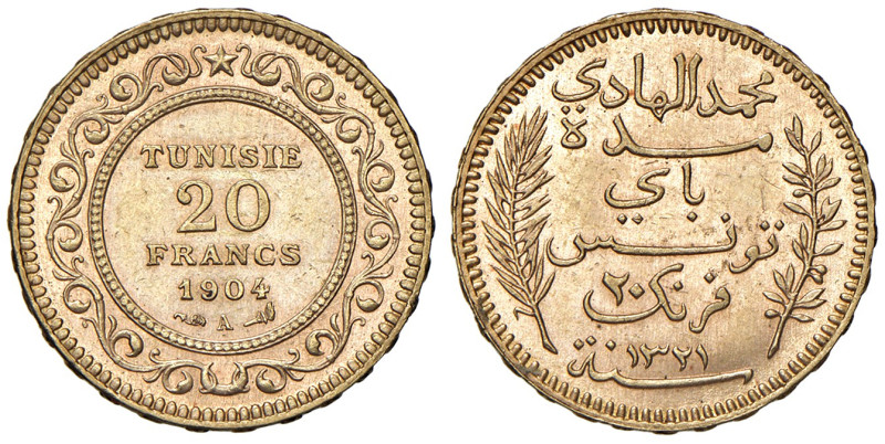 Tunisia. Muhammad al-Hadi Bey (1902-1906). Da 20 franchi 1904 A – Parigi AV. Fri...