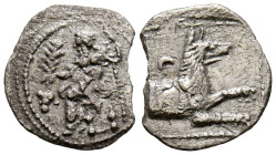 LYKAONIA, Laranda. Obolo. (Ar. 0,70g/12mm). 324-323 a.C. (SNG BnF 443; SNG Levante 223). Anv: Baaltars sentado a izquierda portando racimo de uvas y e...