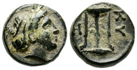 MISIA, Cícico. Ae11. (Ae. 1,52g/11mm). 300-200 a.C. (SNG von Aulock 1227). Anv: Cabeza femenina diademada a derecha. Rev: Trípode rodeado de letras gr...