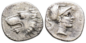 PAMPHYLIA, Side. Obolo. (Ar. 0,54g/10mm). Siglo III-Siglo II a.C. (SNG BN 739). Anv: Cabeza de Atenas a derecha. Rev:Cabeza de león a izquierda. MBC-....