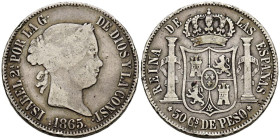 ISABEL II (1833-1868). 50 Centavos de Peso. (Ar. 12,74g/30mm). 1865. Manila. (Cal-2019-662). BC+. Muy escasa.