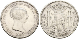 ISABEL II (1833-1868). 20 Reales. (Ar. 26,01g/37mm). 1850. Madrid. (Cal-2019-592). EBC. Punto de óxido en reverso.