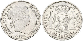 ISABEL (1833-1868). 20 Reales. (Ar. 25,68g/37mm). 1860. Madrid. (Cal-2019-617). MBC.